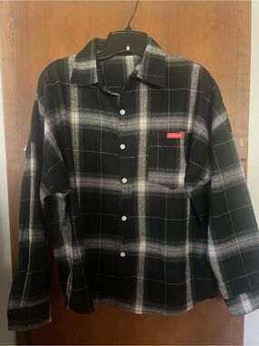 Black Plaid Button-Up Shirt with Subtle White Accent NWOT